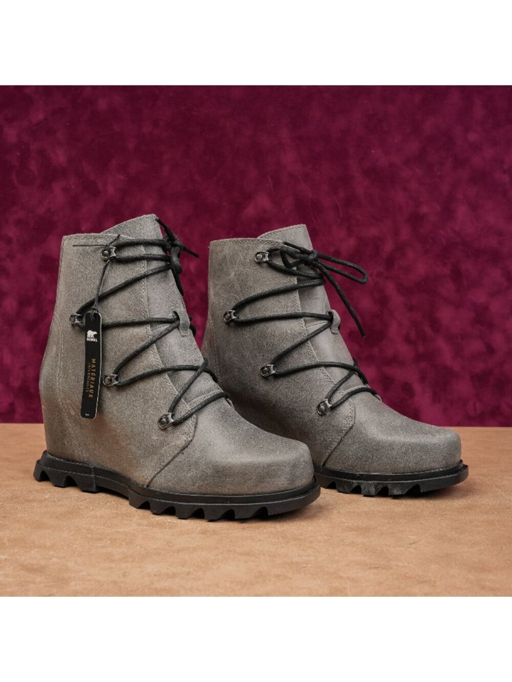Sorel Wmn Joan Artic Wedge III Lace Cozy Distress Grey Leather Ankle Boots sz 9